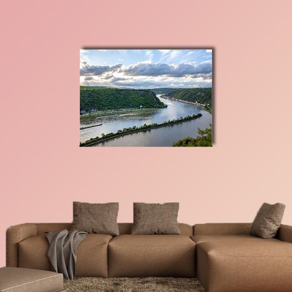 Rhine Valley Landscape Canvas Wall Art in gray, green and blue, single panel hung on a wall