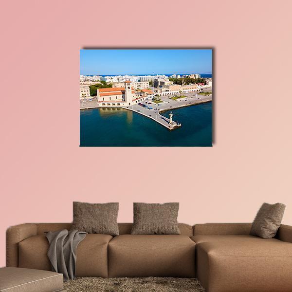 Rhodes Island Harbor Aerial View Canvas Wall Art in white, beige and blue, single panel hung on a wall