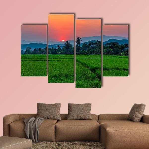Rice Field Mae Kon At Sunset In Chiang Rai In Thailand Canvas Wall Art-4 Pop-Gallery Wrap-50" x 32"-Tiaracle