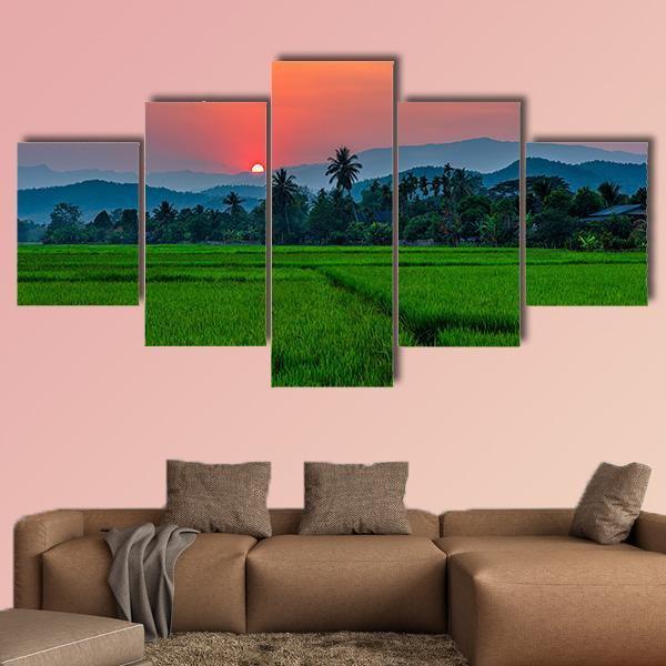 Rice Field Mae Kon At Sunset In Chiang Rai In Thailand Canvas Wall Art-5 Star-Gallery Wrap-62" x 32"-Tiaracle