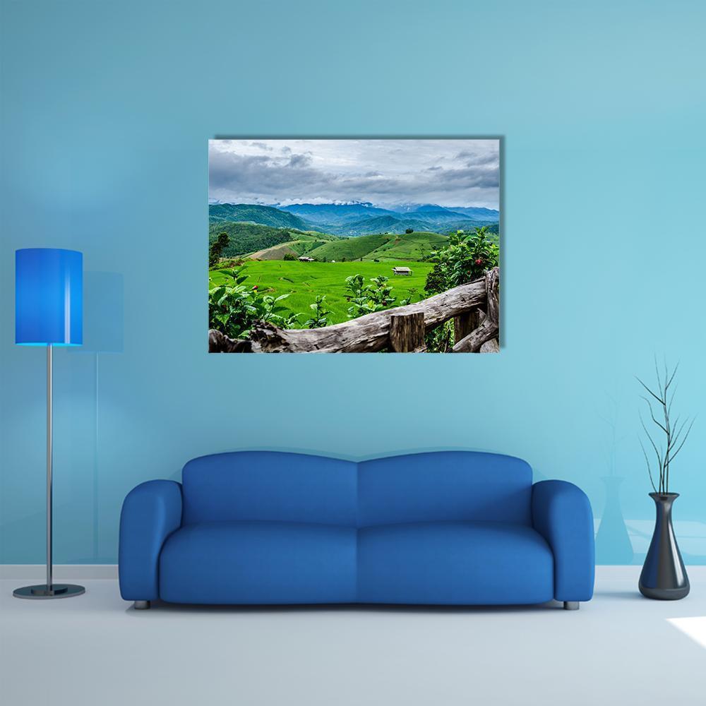 Rice Terraces with Hazy Mountains Canvas Wall Art in gray, green and blue, single panel hung on a wall