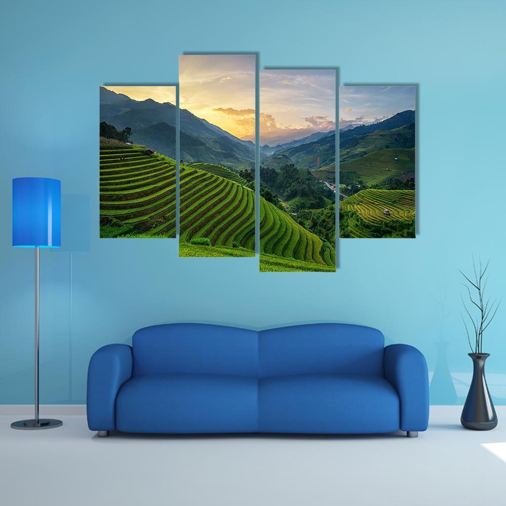 Rice Fields On Terrace In Rainy Season In Vietnam Canvas Wall Art-4 Pop-Gallery Wrap-50" x 32"-Tiaracle