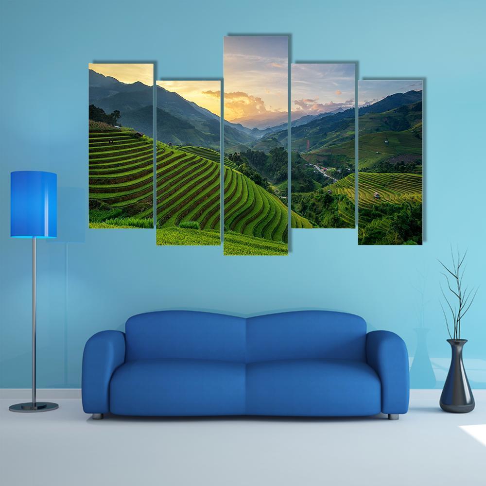 Rice Fields On Terrace In Rainy Season In Vietnam Canvas Wall Art-5 Pop-Gallery Wrap-47" x 32"-Tiaracle