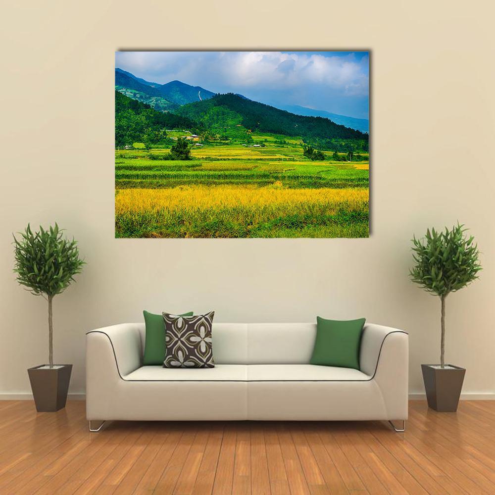 Terraced Rice Fields in Vietnam Canvas Wall Art in yellow, green and blue, single panel hung on a wall