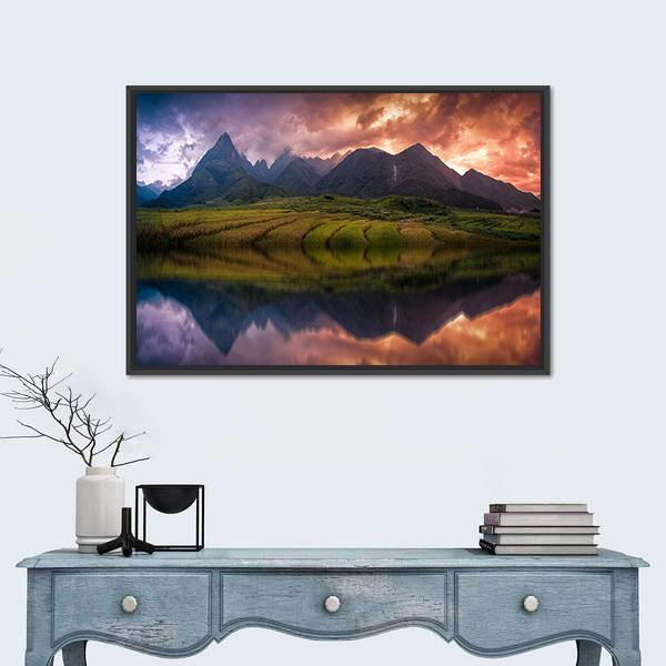Rice Fields On Terraced With Mount Fansipan Canvas Wall Art-1 Piece-Floating Frame-24" x 16"-Tiaracle