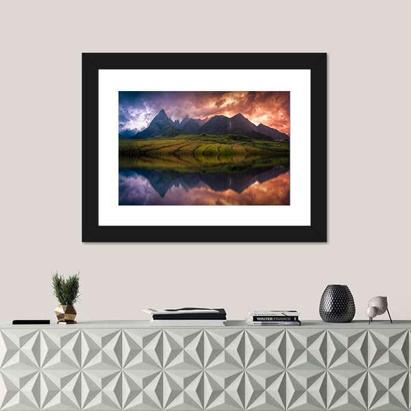 Rice Fields On Terraced With Mount Fansipan Canvas Wall Art-1 Piece-Framed Print-20" x 16"-Tiaracle