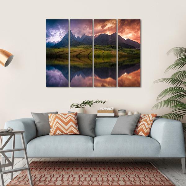 Rice Fields On Terraced With Mount Fansipan Canvas Wall Art-4 Horizontal-Gallery Wrap-34" x 24"-Tiaracle