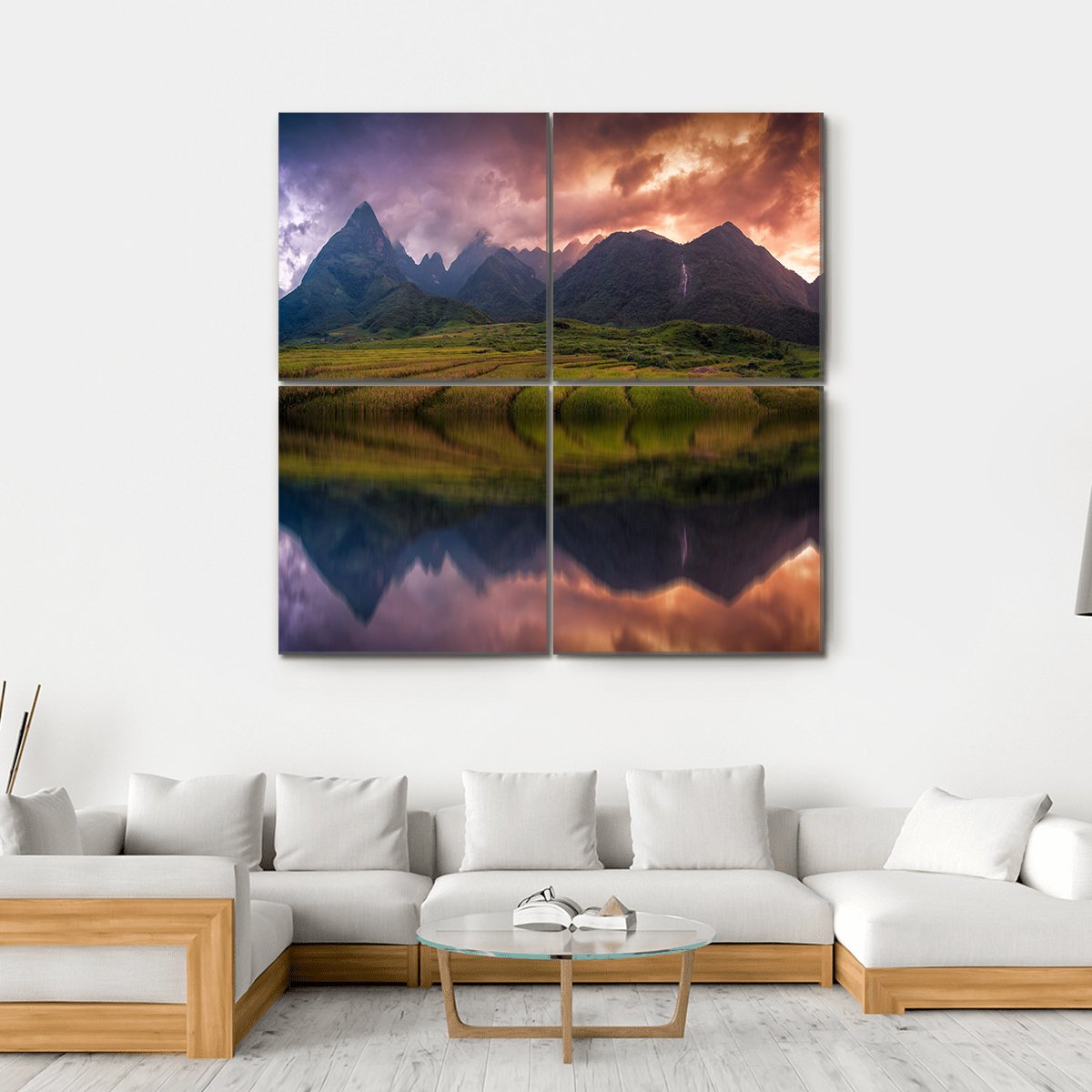 Rice Fields On Terraced With Mount Fansipan Canvas Wall Art-4 Square-Gallery Wrap-17" x 17"-Tiaracle