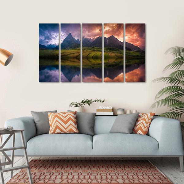 Rice Fields On Terraced With Mount Fansipan Canvas Wall Art-5 Horizontal-Gallery Wrap-22" x 12"-Tiaracle