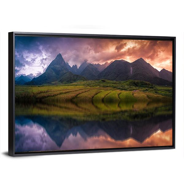 Rice Fields On Terraced With Mount Fansipan Canvas Wall Art-3 Horizontal-Gallery Wrap-25" x 16"-Tiaracle