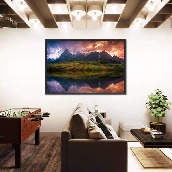 Rice Fields On Terraced With Mount Fansipan Canvas Wall Art-3 Horizontal-Gallery Wrap-25" x 16"-Tiaracle