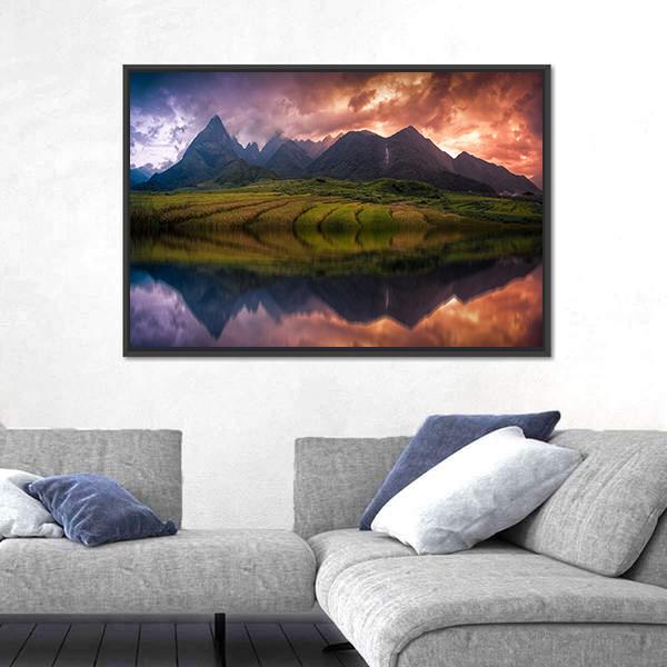 Rice Fields On Terraced With Mount Fansipan Canvas Wall Art-3 Horizontal-Gallery Wrap-25" x 16"-Tiaracle