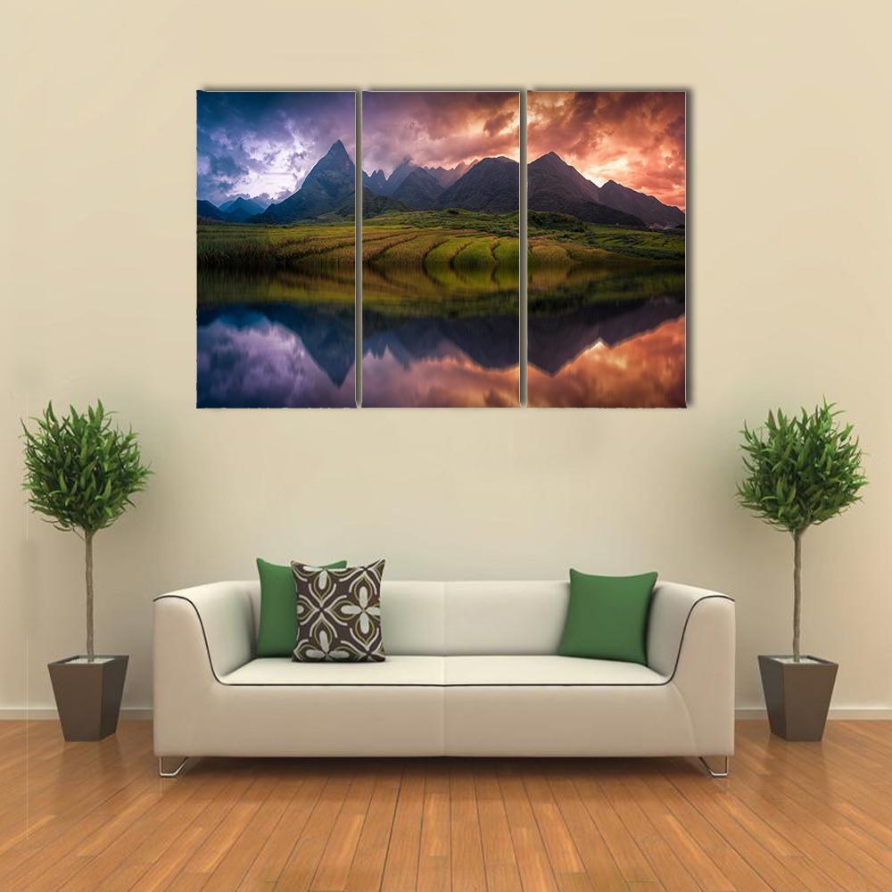 Rice Fields On Terraced With Mount Fansipan Canvas Wall Art-3 Horizontal-Gallery Wrap-37" x 24"-Tiaracle