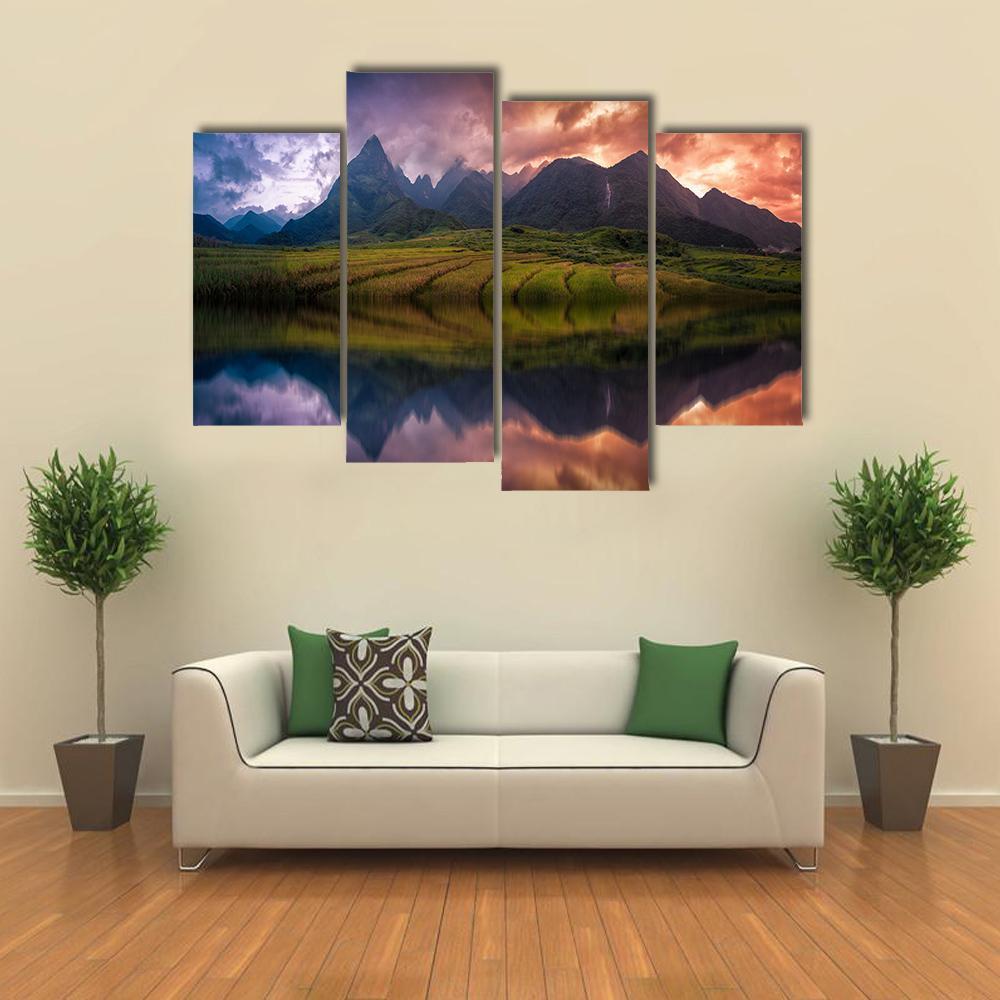Rice Fields On Terraced With Mount Fansipan Canvas Wall Art-4 Pop-Gallery Wrap-50" x 32"-Tiaracle