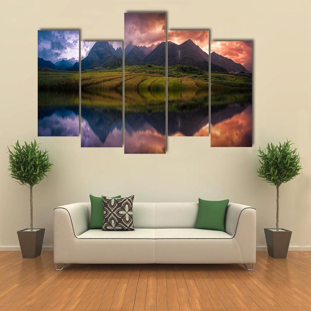 Rice Fields On Terraced With Mount Fansipan Canvas Wall Art-5 Pop-Gallery Wrap-47" x 32"-Tiaracle