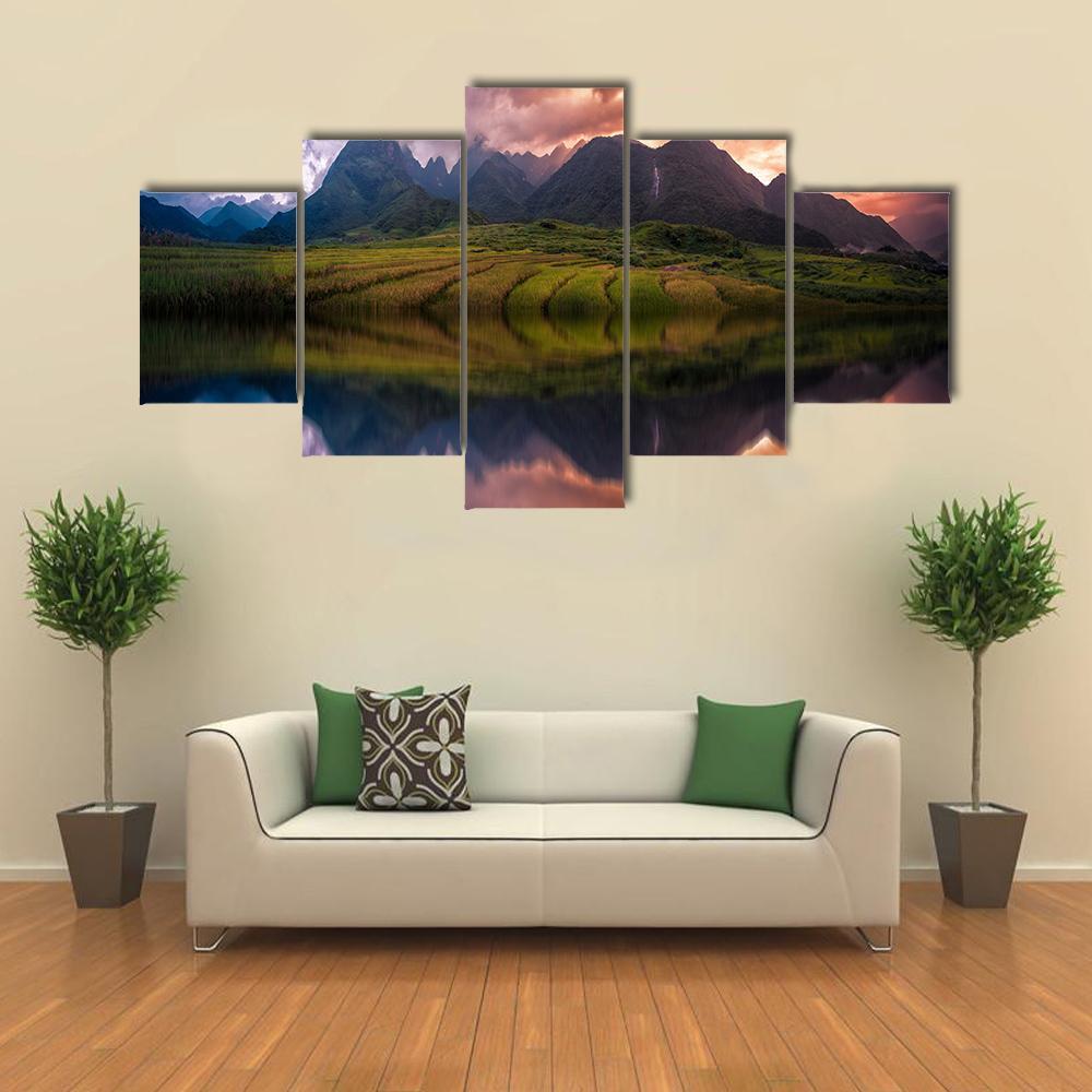 Rice Fields On Terraced With Mount Fansipan Canvas Wall Art-5 Star-Gallery Wrap-62" x 32"-Tiaracle