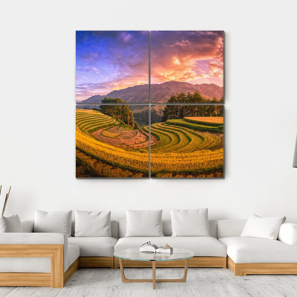 Rice Fields On Terraced With Pine Tree At Sunset Canvas Wall Art-4 Square-Gallery Wrap-17" x 17"-Tiaracle