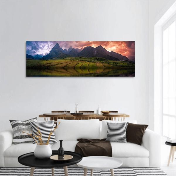 Rice Fields With Mount Fansipan Panoramic Canvas Wall Art-3 Piece-25" x 08"-Tiaracle