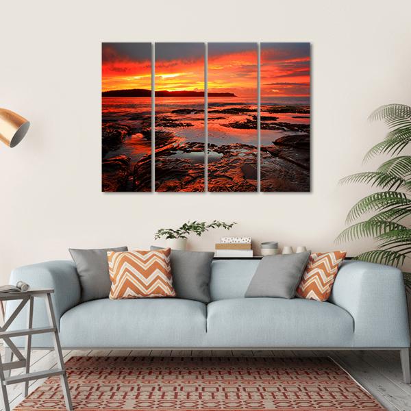 Rich Red Velvet Sunrise Over Pearl Beach Canvas Wall Art-4 Horizontal-Gallery Wrap-34" x 24"-Tiaracle
