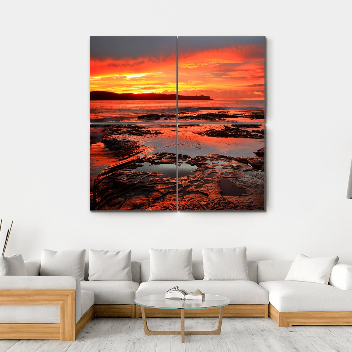 Rich Red Velvet Sunrise Over Pearl Beach Canvas Wall Art-4 Square-Gallery Wrap-17" x 17"-Tiaracle