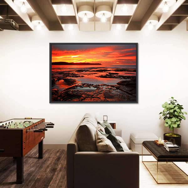 Rich Red Velvet Sunrise Over Pearl Beach Canvas Wall Art-3 Horizontal-Gallery Wrap-25" x 16"-Tiaracle