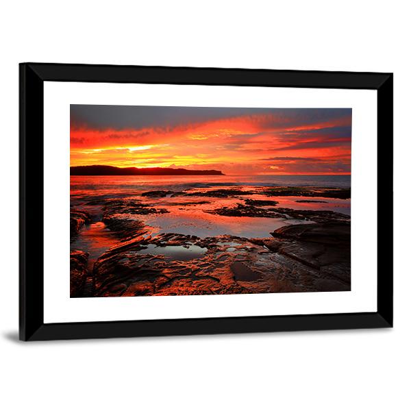Rich Red Velvet Sunrise Over Pearl Beach Canvas Wall Art-3 Horizontal-Gallery Wrap-25" x 16"-Tiaracle