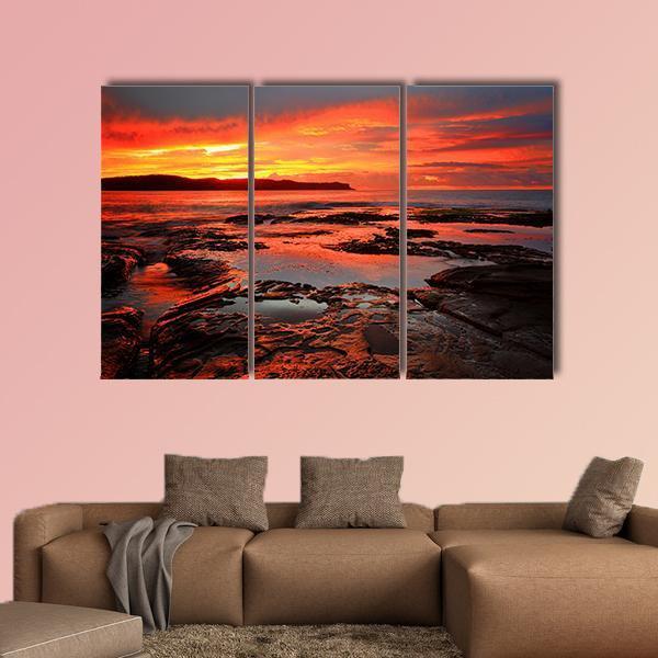 Rich Red Velvet Sunrise Over Pearl Beach Canvas Wall Art-3 Horizontal-Gallery Wrap-25" x 16"-Tiaracle