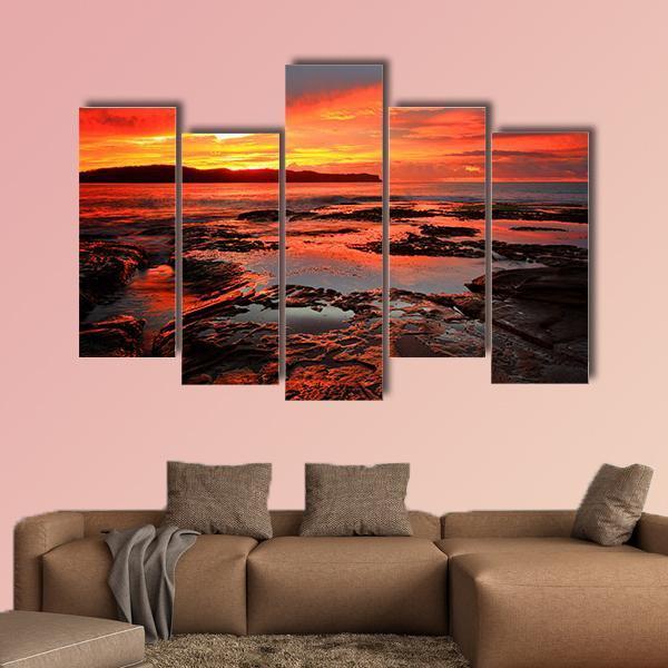 Rich Red Velvet Sunrise Over Pearl Beach Canvas Wall Art-5 Pop-Gallery Wrap-47" x 32"-Tiaracle