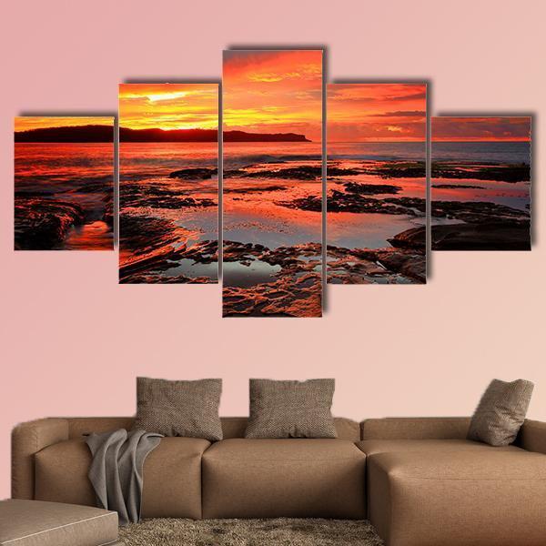 Rich Red Velvet Sunrise Over Pearl Beach Canvas Wall Art-5 Star-Gallery Wrap-62" x 32"-Tiaracle