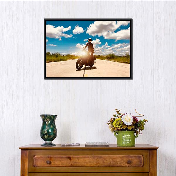 Rider On Motorcycle Canvas Wall Art-1 Piece-Floating Frame-24" x 16"-Tiaracle