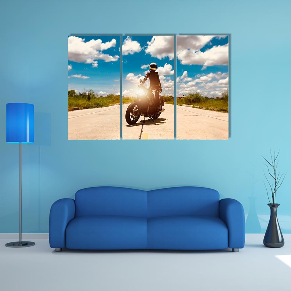 Rider On Motorcycle Canvas Wall Art-3 Horizontal-Gallery Wrap-37" x 24"-Tiaracle