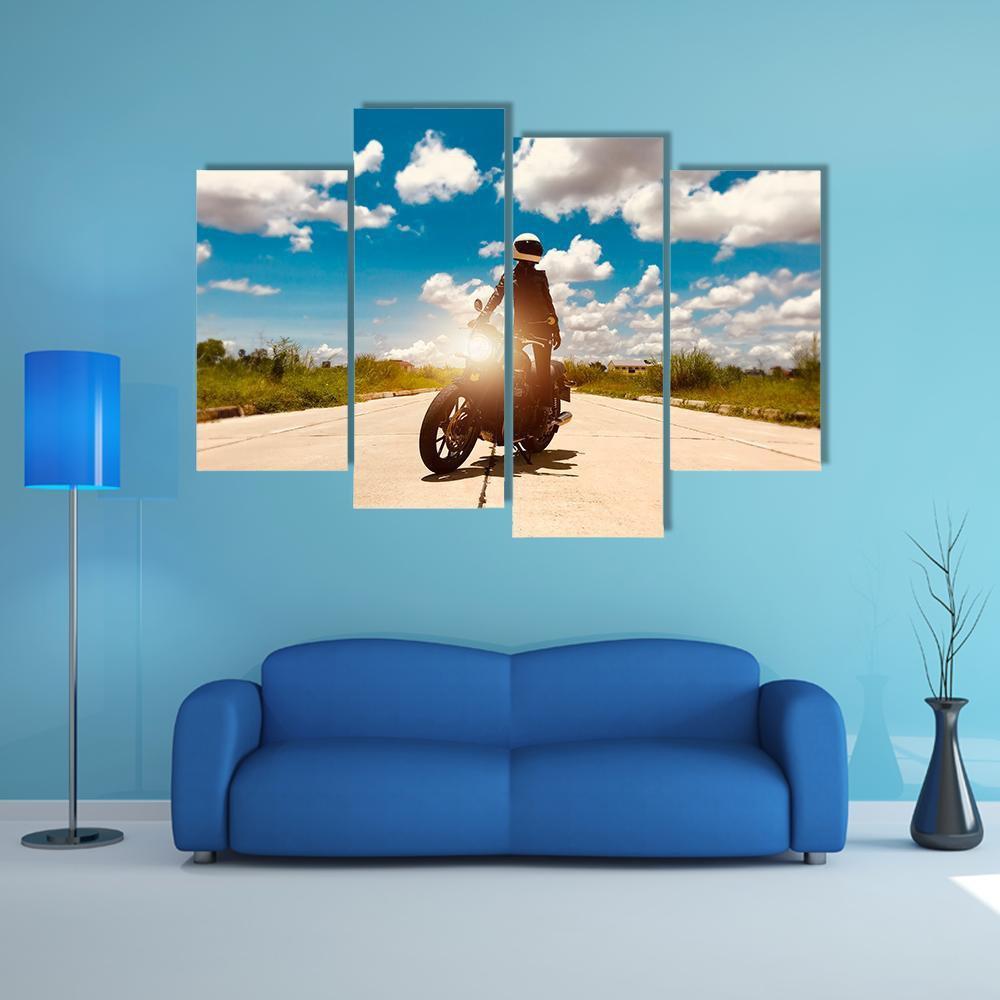 Rider On Motorcycle Canvas Wall Art-4 Pop-Gallery Wrap-50&quot; x 32&quot;-Tiaracle