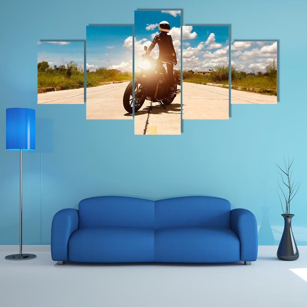 Rider On Motorcycle Canvas Wall Art-5 Star-Gallery Wrap-62" x 32"-Tiaracle