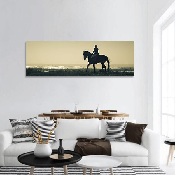 Rider Silhouette On Horse Panoramic Canvas Wall Art-3 Piece-25" x 08"-Tiaracle