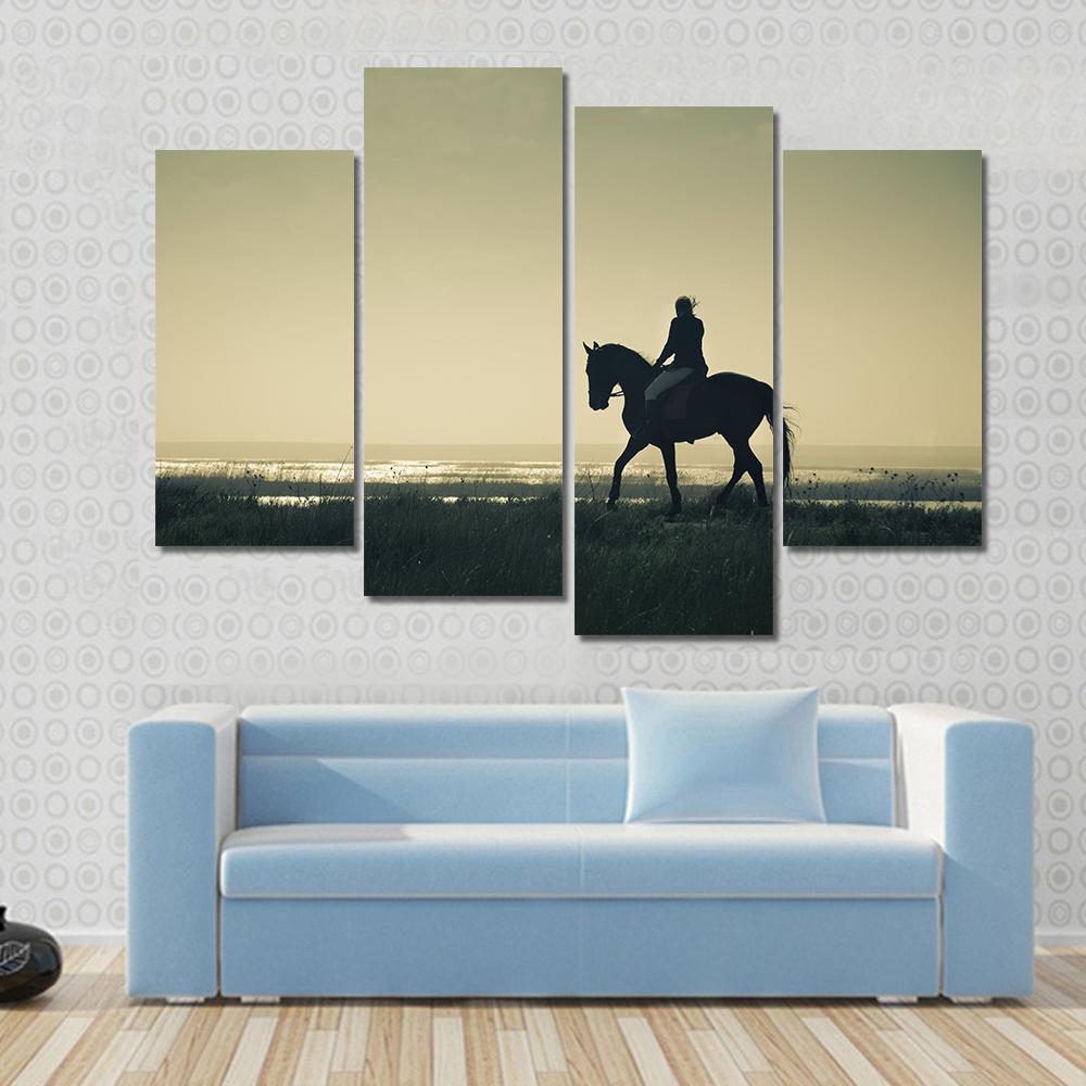 Rider Silhouette On Horseback Canvas Wall Art-5 Star-Gallery Wrap-62" x 32"-Tiaracle