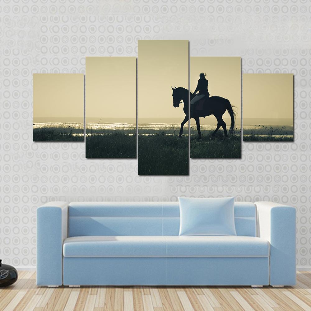 Rider Silhouette On Horseback Canvas Wall Art-5 Star-Gallery Wrap-62" x 32"-Tiaracle