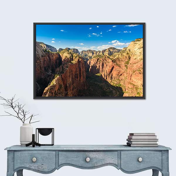 Ridge Walk in Zion National Park Canvas Wall Art in brown, orange and blue, framed canvas, product view on a white background