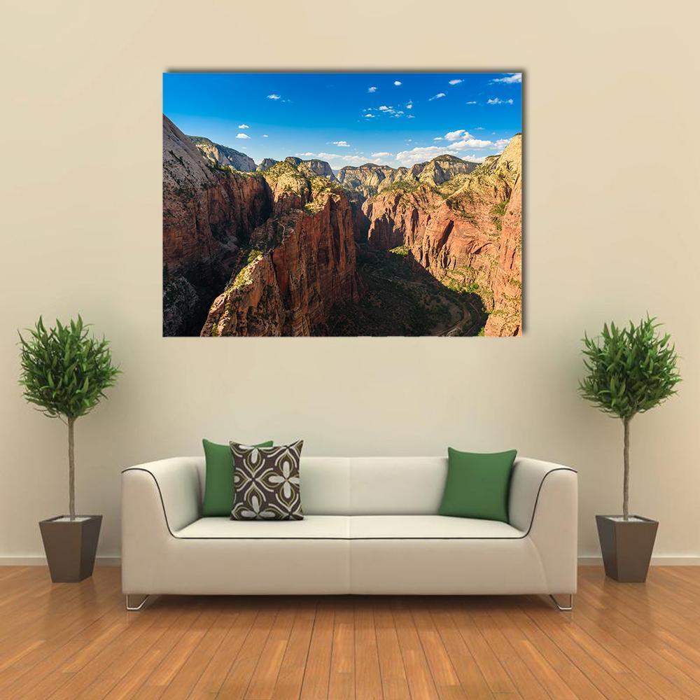 Ridge Walk in Zion National Park Canvas Wall Art in brown, orange and blue, single panel hung on a wall