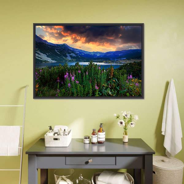 Rila Mountain With Lake Canvas Wall Art-1 Piece-Floating Frame-24" x 16"-Tiaracle