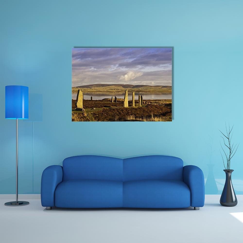 Ring of Brodgar, Orkney Canvas Wall Art in gray, brown and blue, single panel hung on a wall
