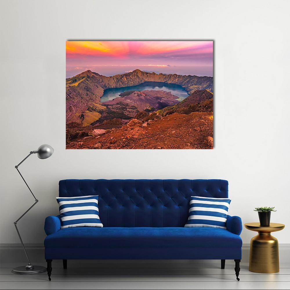 Rinjani Crater Lake at Sunset Canvas Wall Art in brown, orange and pink, single panel hung on a wall