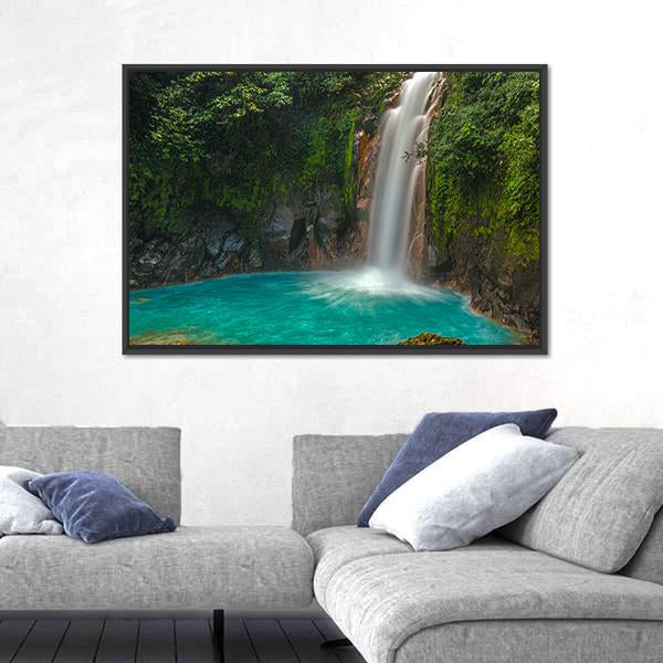 Rio Celeste Waterfall In Costa Rica Canvas Wall Art-1 Piece-Floating Frame-24" x 16"-Tiaracle