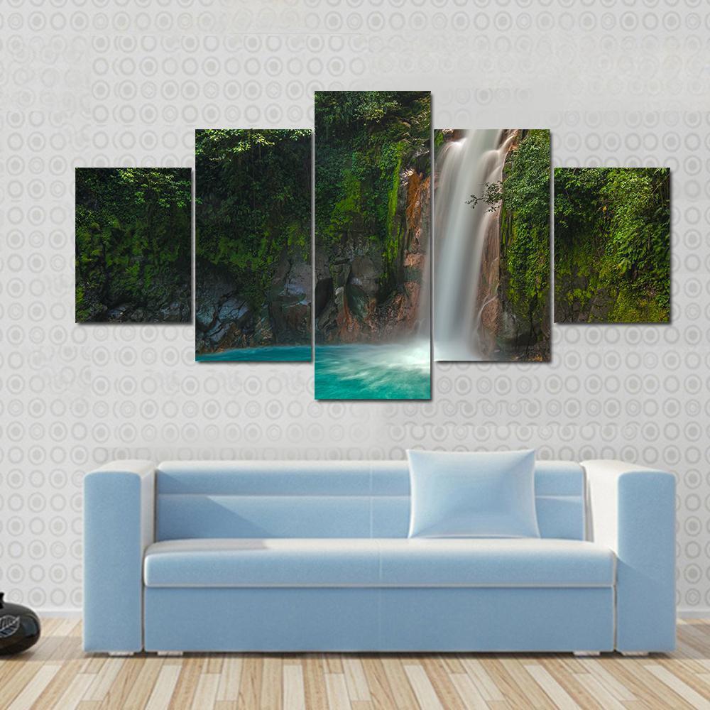 Rio Celeste Waterfall In Costa Rica Canvas Wall Art-5 Star-Gallery Wrap-62" x 32"-Tiaracle