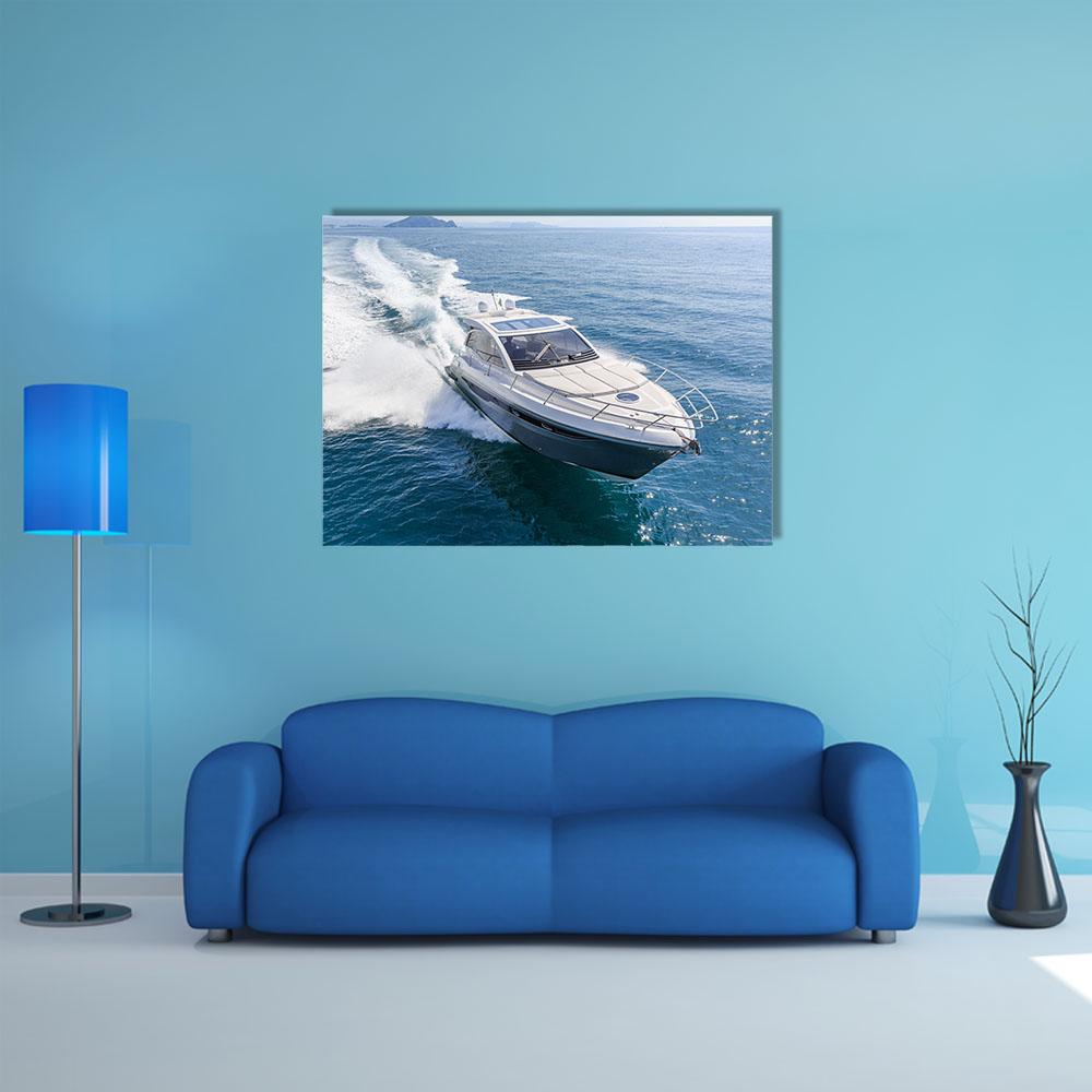 Rio Yachts at Italian Shipyard Canvas Wall Art in white and blue, single panel hung on a wall