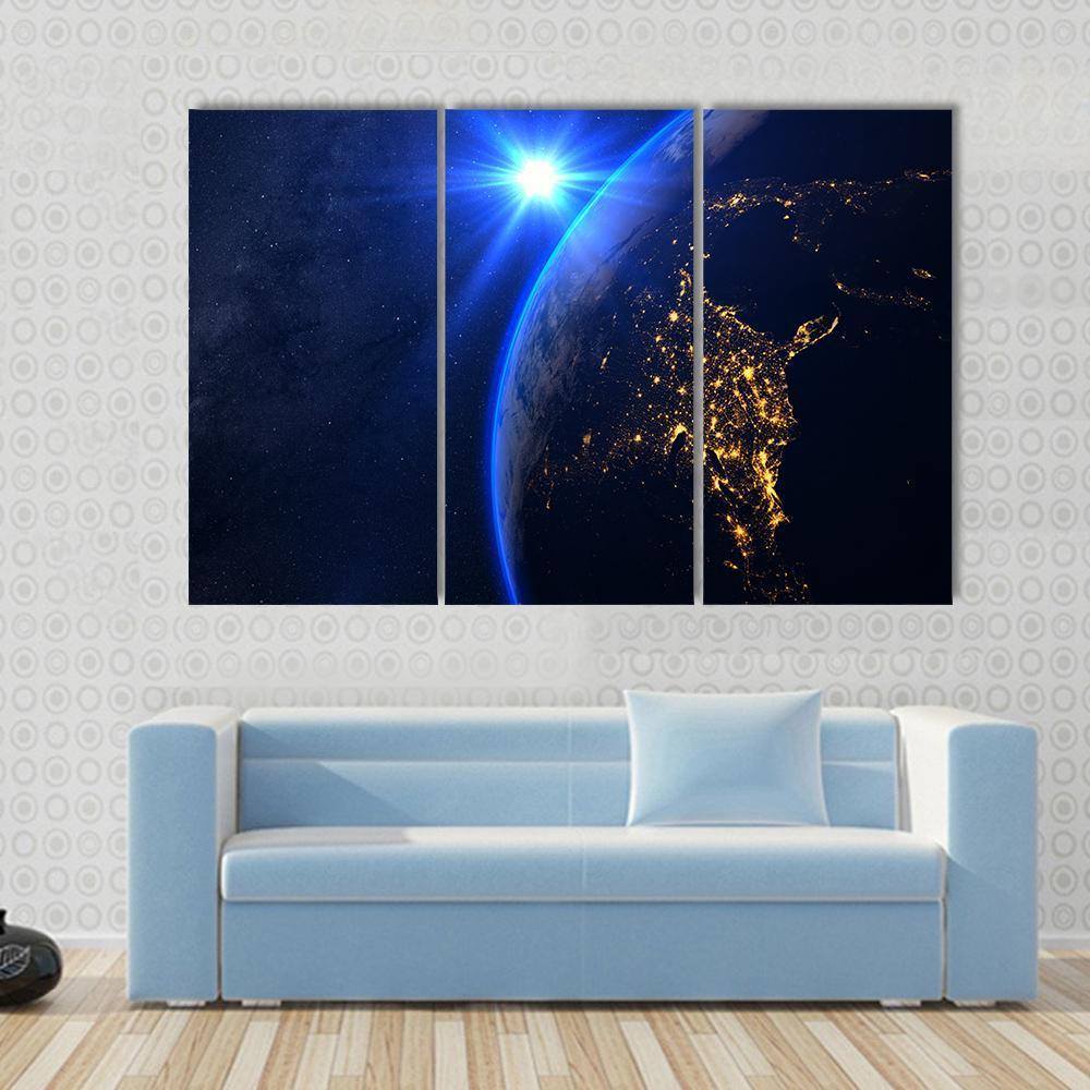 Rising Blue Sun On Planet Earth Canvas Wall Art-3 Horizontal-Gallery Wrap-37" x 24"-Tiaracle