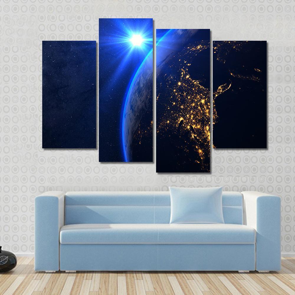 Rising Blue Sun On Planet Earth Canvas Wall Art-4 Pop-Gallery Wrap-50" x 32"-Tiaracle