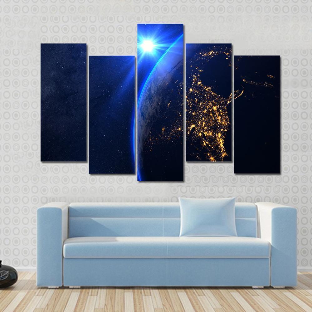 Rising Blue Sun On Planet Earth Canvas Wall Art-5 Pop-Gallery Wrap-47" x 32"-Tiaracle