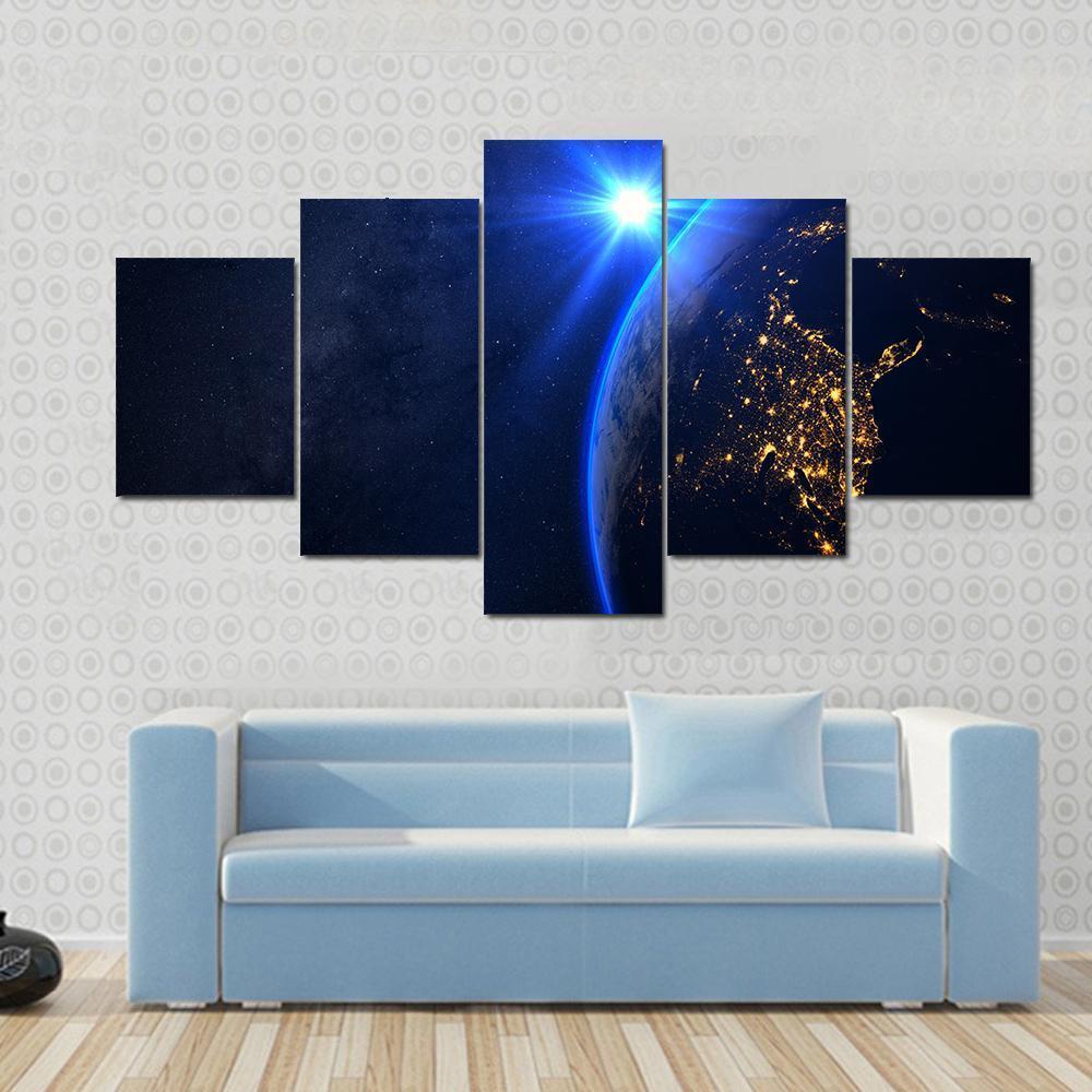 Rising Blue Sun On Planet Earth Canvas Wall Art-5 Star-Gallery Wrap-62" x 32"-Tiaracle