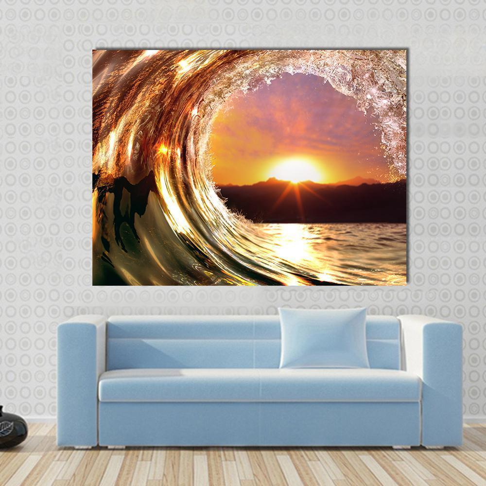 Rising Sun Ocean Wave Canvas Wall Art in gold, orange and yellow, single panel hung on a wall