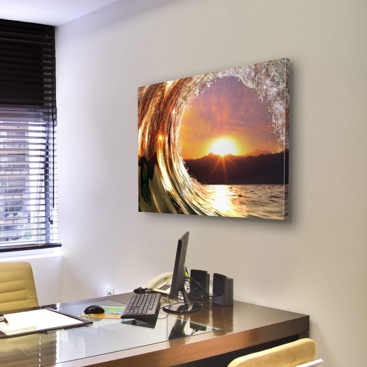 Rising Sun Ocean Wave Canvas Wall Art-5 Pop-Gallery Wrap-47" x 32"-Tiaracle